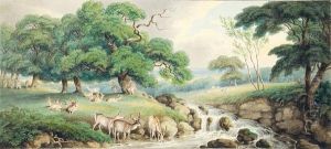 [deer Grazing By A Rocky Stream Inparkland] by Samuel Howitt
