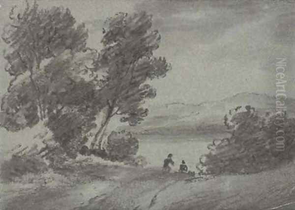 Figures on a path in a country landscape - view 1