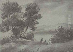 Figures on a path in a country landscape by Thomas Monro