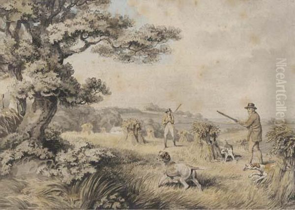 Huntsmen And Dogs Shooting Over A Cornfield - view 1