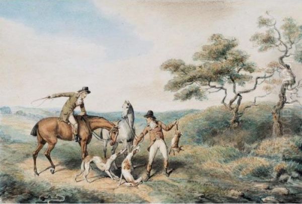 Huntsmen And Dogs Hare Coursing In A Rocky Landscape; Huntsmen And Dogs With A Hare - view 1