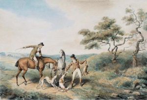 Huntsmen And Dogs Hare Coursing In A Rocky Landscape; Huntsmen And Dogs With A Hare by Samuel Howitt