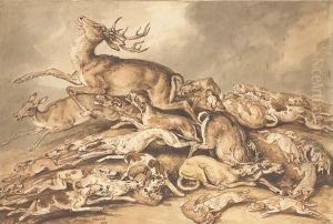 Des Chiens Chassant Des Cerfs Et Des Lapins by Samuel Howitt