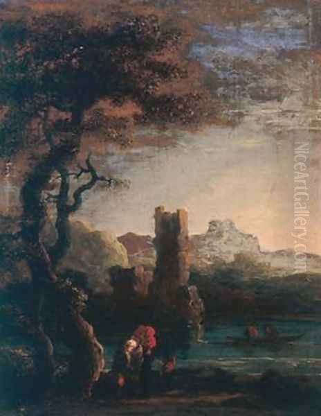 Landscape with tower figures and boat - view 1