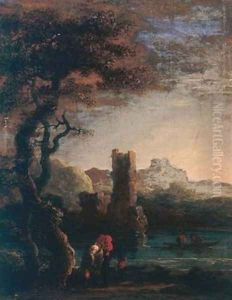 Landscape with tower figures and boat