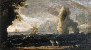 A rocky coastal landscape with fishermen hauling in their nets, as a storm approaches