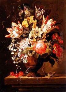 Still Life of Flowers in a Vase with a Lizard on a Ledge by Jacob Marrel