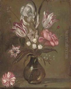 Parrot tulips, a rose, irises and other flowers in a glass vase on a stone ledge by Jacob Marrel