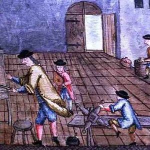 View of a Silversmiths Workshop from Libre de Passenties per Argenters 1762 by Felip Mares