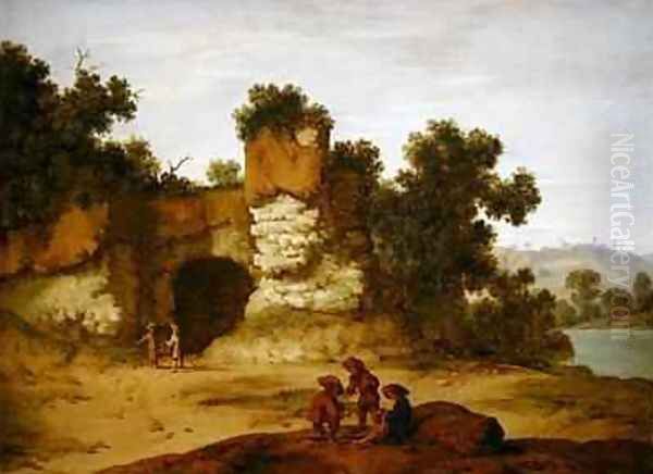 A rocky landscape with travellers resting - view 1