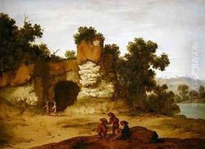 A rocky landscape with travellers resting by Jacobus Sibrandi Mancadan