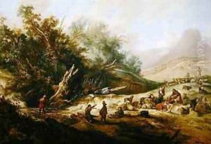 Hilly landscape with shepherds and their herd near a stream by Jacobus Sibrandi Mancadan