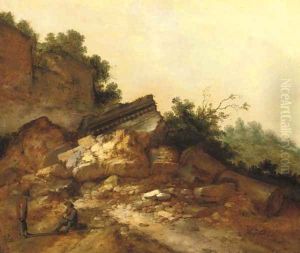 A rocky landscape with two peasants conversing near classical ruins by Jacobus Sibrandi Mancadan