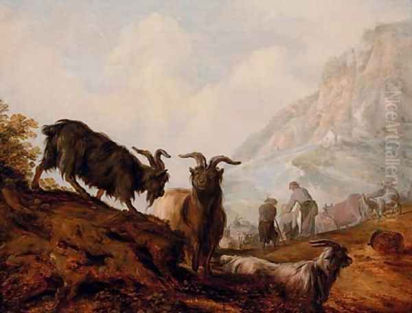 Peasants and goats in a mountainous landscape - view 1