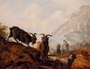 Peasants and goats in a mountainous landscape by Jacobus Sibrandi Mancadan