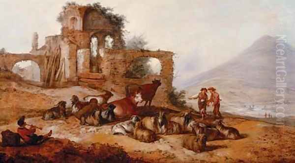 Peasants with livestock by classical ruins in an extensive landscape, with a youth playing a pipe in the foreground - view 1