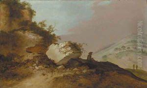 An extensive rocky landscape with a traveller resting on an outcrop below a castle by Jacobus Sibrandi Mancadan