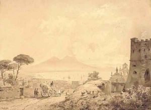 The Bay of Naples from Castel Sant'Elmo, Vesuvius seen in the distance by Johann Ulrich Mayr
