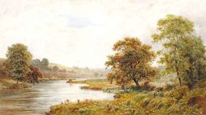 An extensive wooded river landscape with an angler in the foreground by Roberto Angelo Kittermaster Marshall