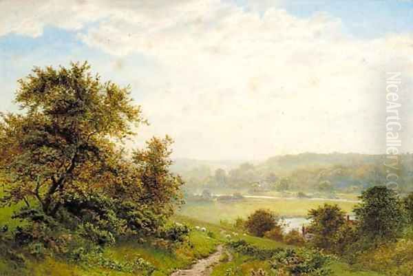 Sheep grazing in a river valley - view 1