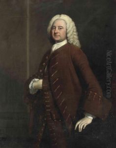 Portrait Of A Gentleman,
Three-quarter-length, In A Rust Coat Withgold Trim, In An Interior Portrait Of A Gentleman,
Three-quarter-length, In A Rust Coat Withgold Trim, In An Interior