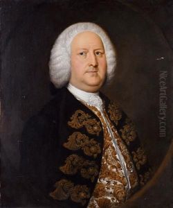 Portrait Of A Gentleman,
Half-length, In Ablue Coat With A White, Embroidered Waistcoat, Within A
Paintedstone Oval by Thomas Hudson