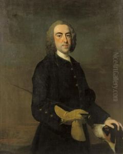 A Portrait Of A Gentleman, 
Standing Three-quarter-length, Wearing A Green Equestrian Coat And 
Holding A Riding Crop, With A Hound By His Side, In A Landscape
