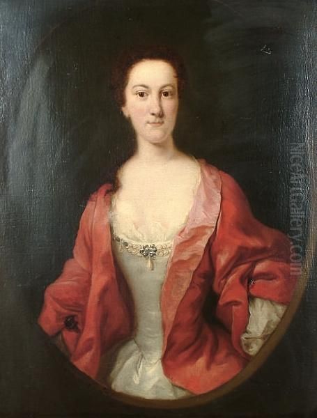 Portrait Of A Lady, Said To Be 
Caroline Digby, Half-length, In A White Dress With A Red Overdress In A 
Painted Oval - view 1