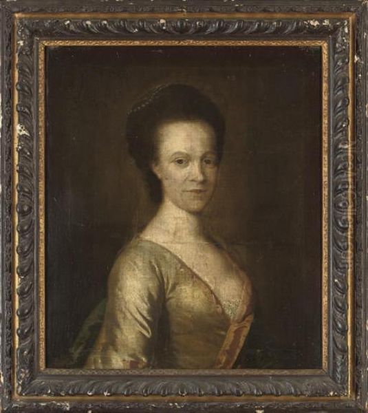 Portrait Of A Lady, Half-length,
In An Oyster Satin Dress With Pink Trim And Pearls In Her Hair - view 1