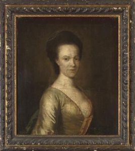 Portrait Of A Lady, Half-length,
 In An Oyster Satin Dress With Pink Trim And Pearls In Her Hair by Thomas Hudson