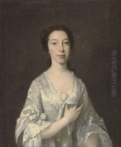 Portrait Of A Lady, Half-length,
 In An Oyster Satin Dress With Lace Trim, Pearls In Her Hair