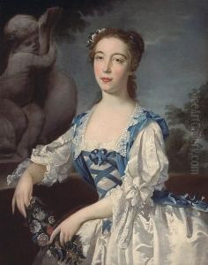 A Portrait Of A Lady, 
Three-quarter Length In A White Dress With Blue Ribbons Holding A 
Bouquet Of Flowers