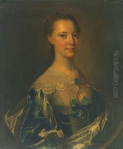 A Portrait Of Susanna Dacre, Half-length, Wearing A Blue Satin Dress With Blue Ribbons by Thomas Hudson