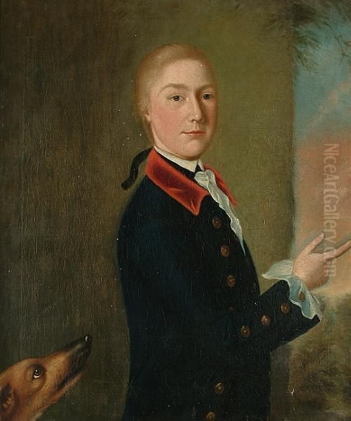 Portrait Of A Young Man,
Half-length, Wearing A Black Coat With A Red Collar, A Dog Nearby. - view 1