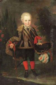 Portrait of a young boy, standing full length in a landscape, wearing a gold embroidered black costume with lace chemise by Anton Raphael Mengs