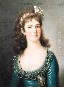Portrait of a noblewoman, half length, wearing a blue dress with lace collar, a portrait miniature on a chain around her neck, a ribbon in her hair by Anton Raphael Mengs