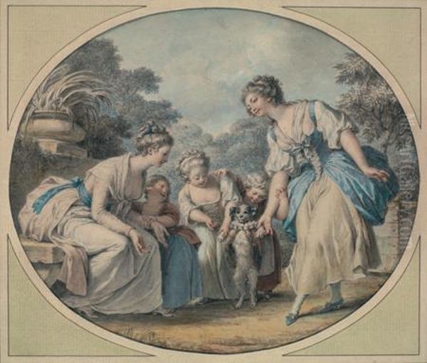 Femmes Et Enfants Autour D'un Chien Dresse - view 1