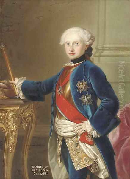 Portrait of King Charles III of Spain (1716-88), three-quarter-length, in a blue velvet coat, with the Order of the Golden Fleece, standing by a table - view 1