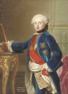 Portrait of King Charles III of Spain (1716-88), three-quarter-length, in a blue velvet coat, with the Order of the Golden Fleece, standing by a table by Anton Raphael Mengs