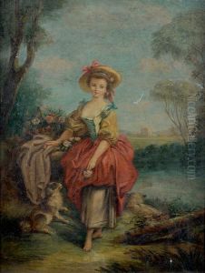 Jeune Fille Tenant Une Rose Pres D'une Riviere by Jean-Baptiste Huet