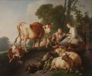 Shepherd With Sheeps And Cows by Jean-Baptiste Huet