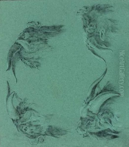 Quatre Etudes De Tetes De Boucs Sur La Meme Feuille - view 1