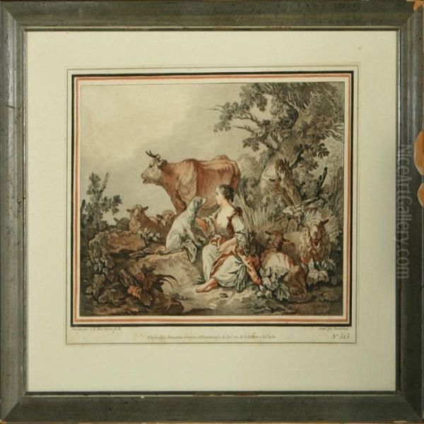 Landscape Scene With A Young Woman, Dog And Livestock - view 1