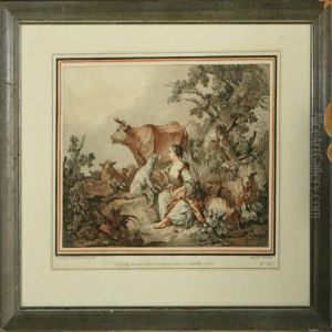 Landscape Scene With A Young Woman, Dog And Livestock by Jean-Baptiste Huet