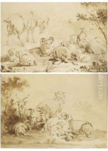Chevres Et Moutons : Une Paire 
Plume Et Encre Brune Sur Traits De Crayon Noir, Lavis Brun