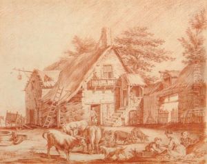 Famille De Paysans Dans Une Cour De Ferme by Jean-Baptiste Huet