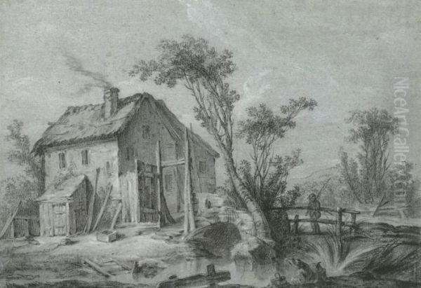 A Farmhouse And Fishermen By A Stream And On A Wooden Bridge - view 1