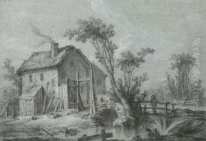 A Farmhouse And Fishermen By A Stream And On A Wooden Bridge