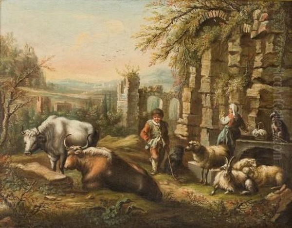 Hirtenkinder Mit Schafen Und Ziegen In Ruinenlandschaft - view 1