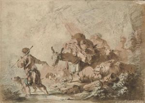 A Peasant Family And Their Animals Crossing A Stream by Jean-Baptiste Huet